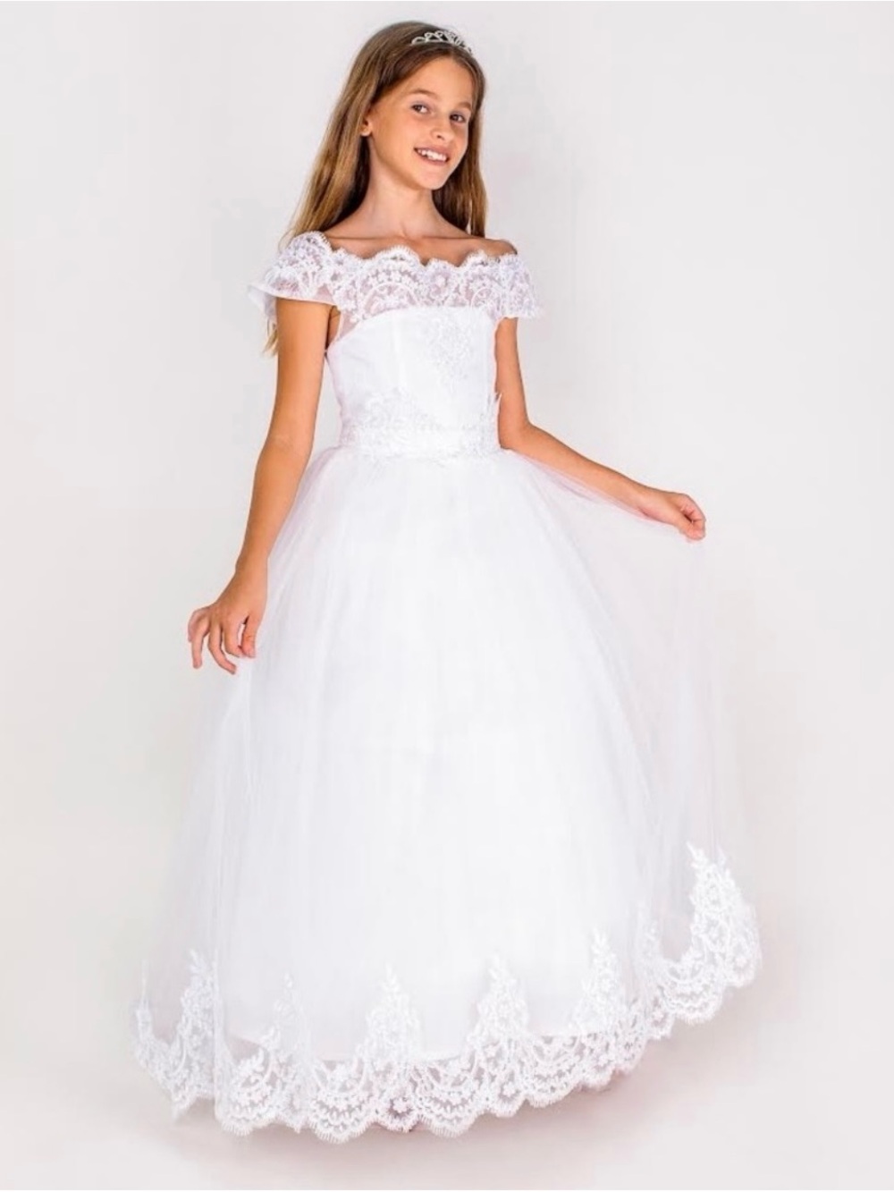 Flower Girl or First Communion White Ball Gown Lace Dress